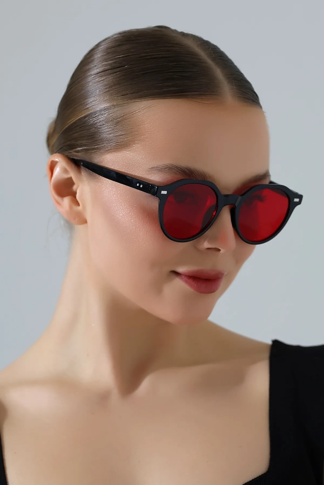 Kadın Aksesuarlı Oval Kırmız Cam Güneş Gözlüğü 23007 c2 k