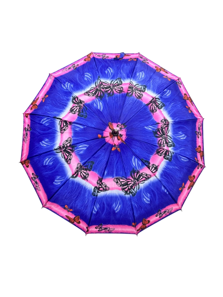 Kelebek 2 Desenli 12 Telli Mavi Bastonlu Kadın Bastonlu Şemsiye