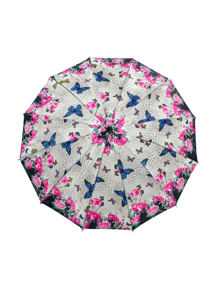 Kelebek Desenli 12 Telli Beyaz Bastonlu Kadın Şemsiyesi